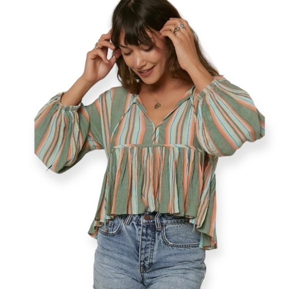 O’NEILL Rosie Stripe Top Bohemian Tie Closure Small Green Blue - Picture 1 of 12